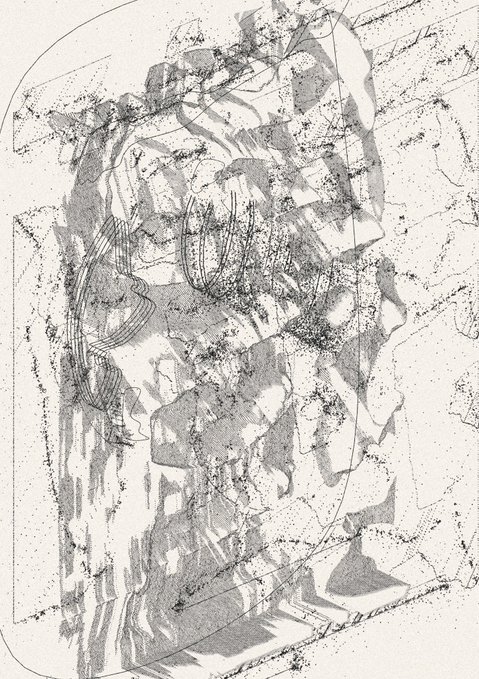 A black-and-white sketch or mixed-media drawing featuring abstract, chaotic shading, scattered dots, and faint geometric outlines resembling a structural diagram on a white background.