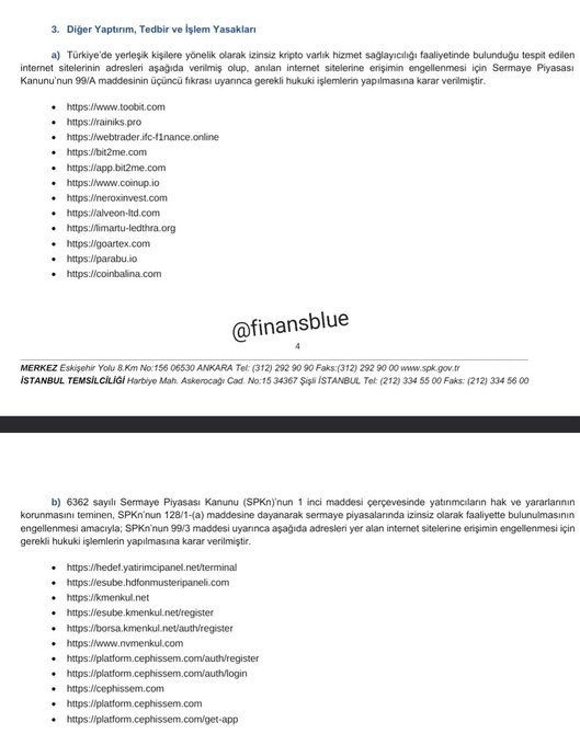 A Turkish regulatory document from Sermaye Piyasası Kurulu lists websites deemed unauthorized for providing crypto asset services, including URLs like toolzil.com, bit2me.com, and coinbalina.com, watermarked with @finansblue.
