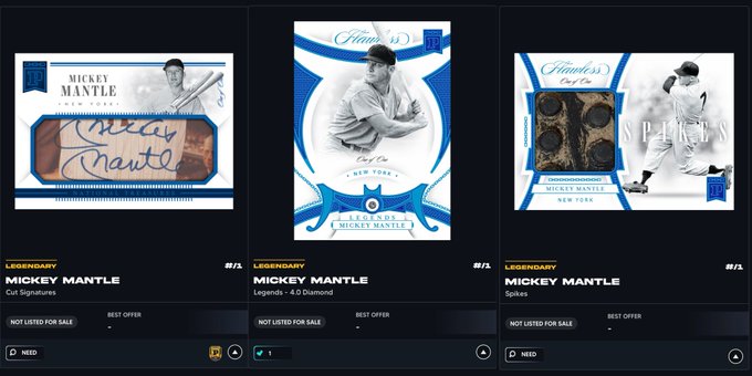 A digital trading card collection display showing three Mickey Mantle cards from Panini Blockchain, including a "Cut Signatures" card, a "Legends: 4.0 Diamond" #/2 card, and a "Spikes" #/1 memorabilia card featuring bat pieces, all marked as "NOT LISTED FOR SALE," highlighting the rarity of digital Mantle collectibles compared to the rumored $50M physical card sale.