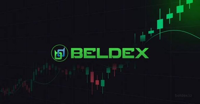 The 'BELDEX' logo is displayed in green text over a dark background featuring a candlestick stock chart pattern, with 'beldex.io' written in the bottom right corner.