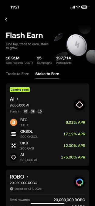 The image shows the "Flash Earn" interface on the OKX app, highlighting various staking options for cryptocurrencies like BTC, OKSOL, OKB, and AI with their respective APRs. This supports the post's message about earning from idle crypto.