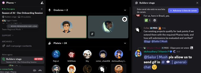 A screenshot of a Discord server interface called 'Pharos,' showing a 'Builders-stage' voice channel and a chat where users discuss project quality and 'gif' commands in Portuguese.