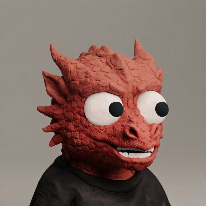 A 3D rendered character with a red, scaly, demonic head featuring bulging white eyes and a toothy grin, wearing a black shirt against a gray background.