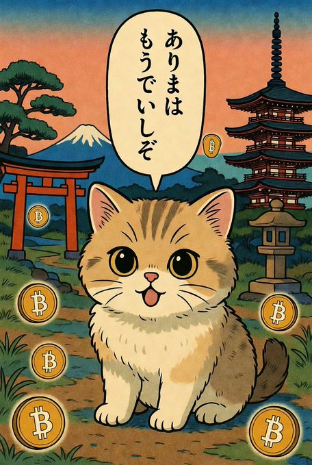 An illustration of an orange tabby cat surrounded by Bitcoin coins against a Japanese backdrop with Mt. Fuji, a pagoda, and a torii gate, with a speech bubble containing Japanese text.