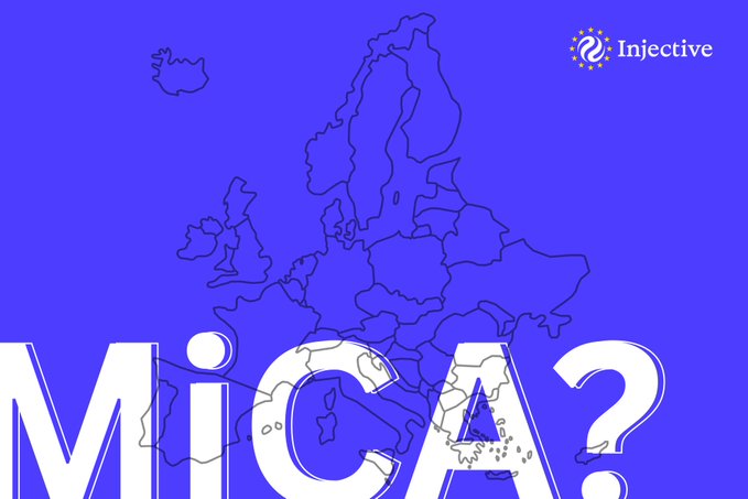 A blue graphic showing a map of Europe with the word 'MICA?' displayed prominently and the Injective logo in the top right corner.