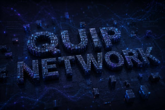 The image features a large block of text that reads "gQuip fam! From simple calculations to supercomputers. From supercomputers to quantum technologies. Humanity has always moved forward. Now it' s time for useful computing. It's time for @quipnetwork". The text is composed of small blocks, and the background appears to be a dark blue color with lines and dots scattered throughout.