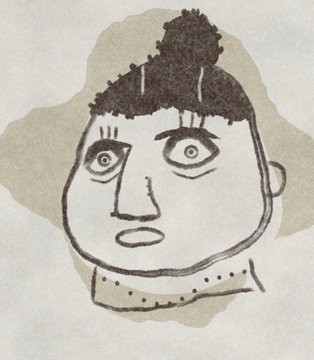 A simple child-like drawing of a face with wide eyes, small mouth, and textured dark hair pulled into a topknot or bun.