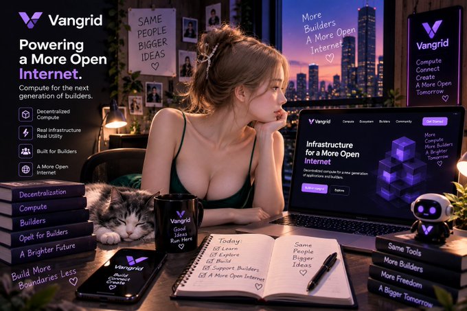 A promotional graphic for 'Vangrid' features a woman using a laptop alongside slogans like 'Powering a More Open Internet' and 'Same People Bigger Ideas' displayed on various items including a mug, phone, and books.