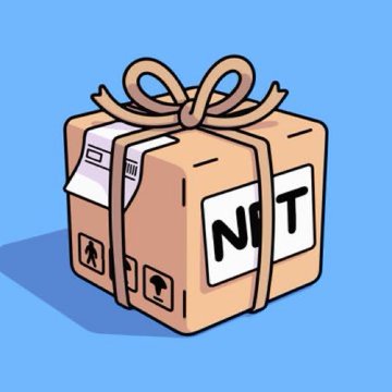 A cartoon-style illustration of a brown cardboard shipping box tied with a ribbon and labeled 'NFT' on a light blue background.