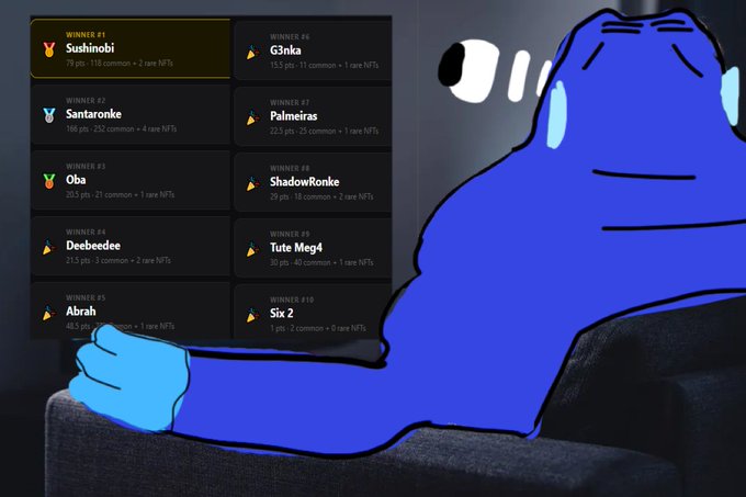 A blue cartoon character sits slumped on a couch, staring dejectedly at a screen displaying the top 10 winners of a giveaway—including users like "Sushinobi," "G3nka," and "Santaroke"—who won points, common, and rare NFTs, humorously contrasting the narrator's self-proclaimed "FCFS spot" win with a leaderboard full of far more lucrative rewards.