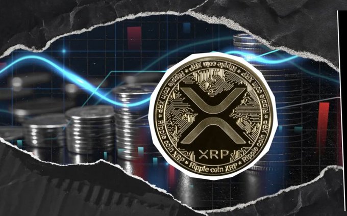A graphic design featuring an XRP (Ripple) coin overlaid on a torn paper effect, with financial candlestick charts and blue neon light trails in the background.