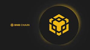 A dark background with the BNB Chain logo and text on the left, and a large golden BNB cube icon on the right.