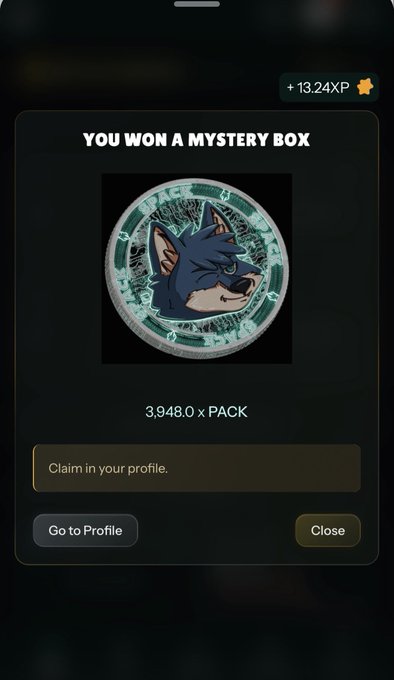 A screenshot from a mobile app shows a notification stating, "YOU WON A MYSTERY BOX" containing a stylized wolf icon, valued at 3,948.0 x PACK.