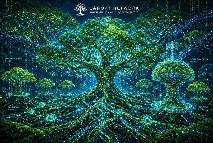 A digital artwork featuring a glowing tree with the text 'CANOPY NETWORK' and 'SOVEREIGN. SCALABLE. INTERCONNECTED.', set against a backdrop of futuristic data streams.