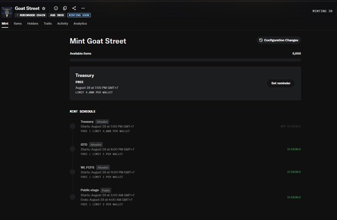 A dark-themed webpage screenshot for "Goat Street" NFT minting showing a Minting Schedule with Treasury (August 28), GTD (August 28), WL FCFS (August 28), and Public stage (August 29) starting at 2:00 AM GMT+7.