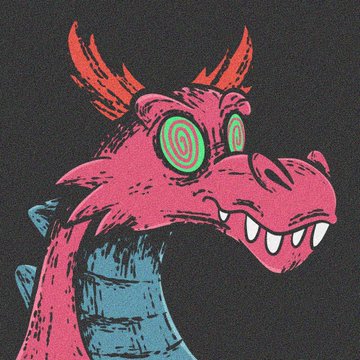 A stylized illustration of a pink dragon with orange horns, spiral green eyes, and sharp teeth grins mischievously against a black background. The hypnotic, chaotic expression of the dragon seems to mirror the high-energy, playful spirit of the GuildGrime NFT reveal announcement.