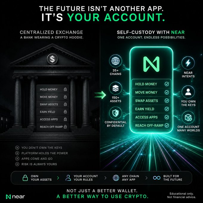 Promotional graphic for NEAR Protocol contrasting centralized exchanges ("a bank wearing a crypto hoodie") with self-custody NEAR accounts, highlighting features like 35+ chains, 150+ assets, and user-owned keys with the tagline "Not just a better wallet. A better way to use crypto."