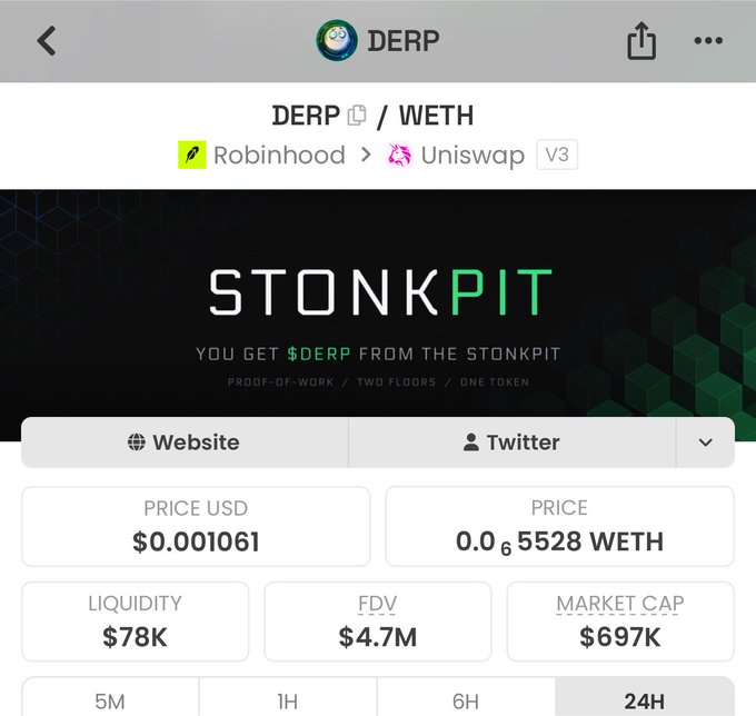 A screenshot from a crypto tracking app displays DERP/WETH token details on Uniswap V3, showing a price of $0.001061, market cap of $697K, FDV of $4.7M, and liquidity of $78K, with branding for "STONKPIT" highlighting it as the sole utility token on the Stonk ecosystem with only $700K market cap.