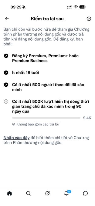A screenshot in Vietnamese showing requirements to join a monetization program, including "Đăng ký Premium, Premium+ hoặc Premium Business", being at least 18 years old, having at least 500 followers, and 500K views in the last 90 days.