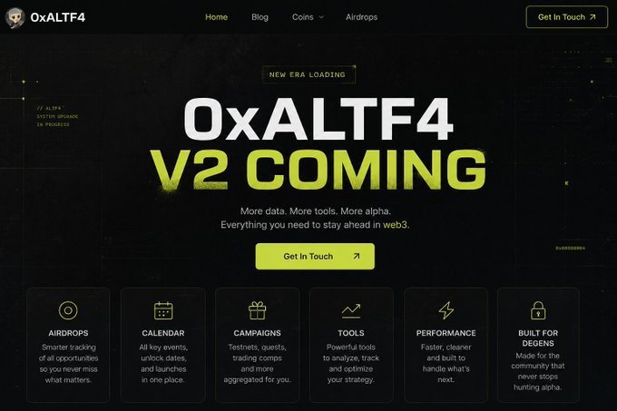 The image showcases the "0xALTF4" website featuring a "V2 COMING" announcement with the tagline "NEW ERA LOADING," highlighting upcoming tools like Airdrops, Calendar, Campaigns, Tools, Performance, and "Built for Degens." It visually represents the post's theme by promoting an all-in-one platform designed to consolidate fragmented crypto resources—such as airdrop tracking, campaign updates, and unlock schedules—into a single hub, eliminating the need for multiple websites.