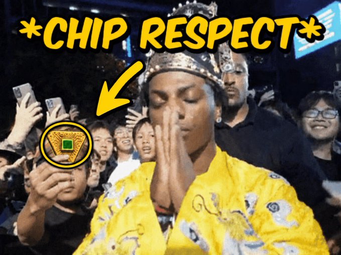 A man wearing a crown and yellow outfit with hands in prayer position, captioned '*CHIP RESPECT*' with an arrow pointing to a triangular chip necklace.