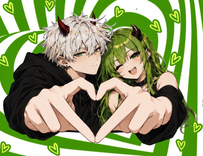 Anime-style illustration of a white-haired male and green-haired female with demon horns forming a heart shape with their hands against a green and white swirly background.