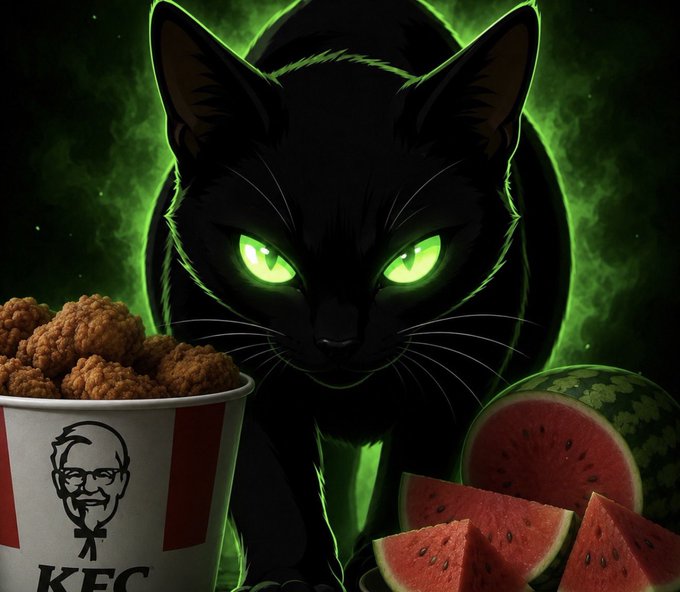 A menacing black cat with glowing green eyes is featured alongside a bucket of KFC chicken and sliced watermelon, styled as a $NIGGCAT meme token promotion with its Solana contract address.