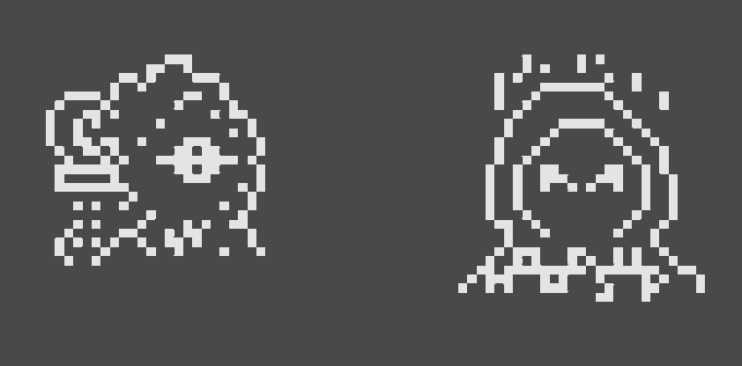 A pixel art style illustration featuring two white creatures, including a one-eyed monster on the left and an owl-like character wearing a hood on the right, set against a dark blue background.