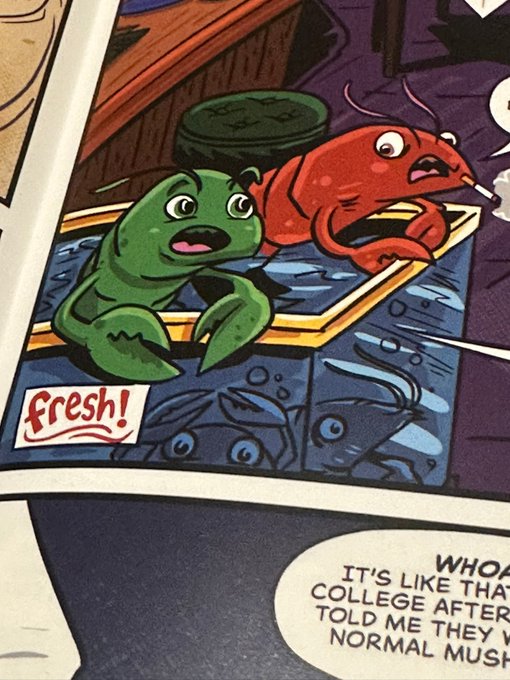 A comic book panel featuring a green frog and a red lobster character with "fresh!" text in a stylized speech bubble, set in a seafood market environment.