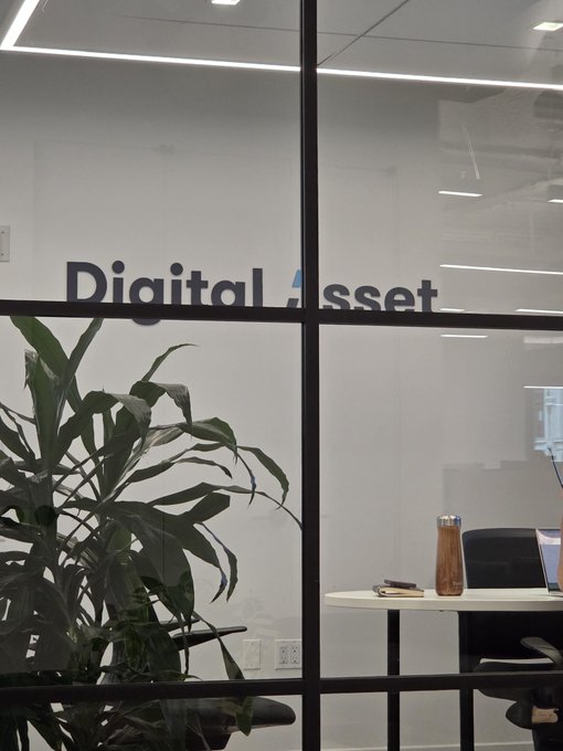 An office or storefront window with 'Digital Asset' written in large black letters, with a plant and desk visible inside.