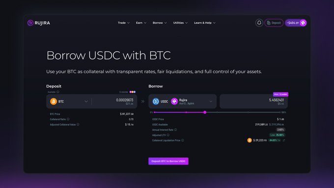 The Rujira DeFi platform interface showing a 'Borrow USDC with BTC' dashboard with deposit and borrow fields.