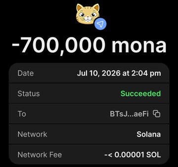 A screenshot of a successful Solana transaction shows -700,000 mona sent to a wallet address (BTSJ...aeFi) on Jul 10, 2026, with a minimal network fee of <0.00001 SOL. This likely illustrates a recent $MONA airdrop distribution to a participating wallet, tying into the post's call for active Solana users to engage for a chance to receive $MONA tokens.