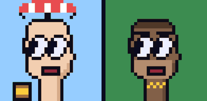A pixel art split image showing two cartoon characters with wide eyes and shocked expressions: on the left, a character with a red and white striped hat on a blue background, and on the right, a brown-skinned character on a green background.