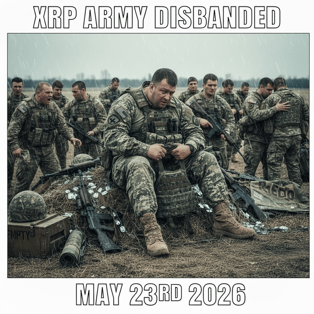 The image shows a group of soldiers sitting around, with one soldier sitting on top of a pile of military equipment such as guns and helmets. The soldiers are dressed in camouflage uniforms, indicating that they might be part of an XRP Army unit. The text "XRP ARMY DISBANDED" is written above the soldier who is sitting on the equipment, suggesting that this event has taken place or is about to take place.