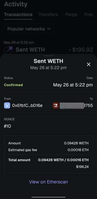 The image shows a cell phone screen displaying a transaction summary for Etherscan transactions. The text indicates that the user has sent Etherscan ether from their wallet address, which was $195 worth of Ether. The transaction details include the date, time, and amount sent, as well as the recipient's address. The post suggests that there might be an issue with the transaction or a mistake in sending Ether, and it is asking for help to resolve this problem.