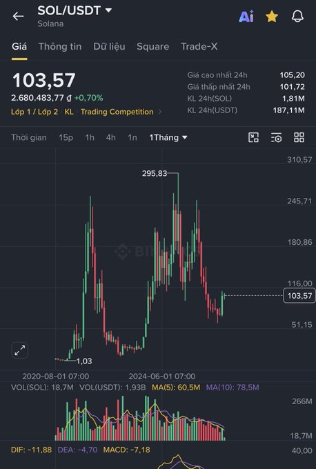 A Binance-style cryptocurrency chart showing SOL/USDT trading at 103.57 USDT, down slightly (+0.70%), with a 1-month candlestick view displaying highs of 310.57 and lows near 1.03.