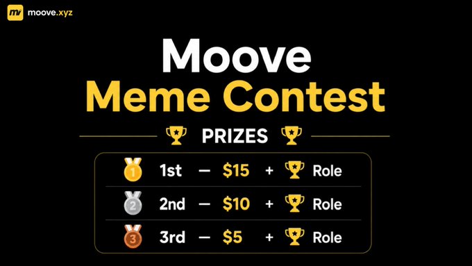 A promotional graphic for the "Moove Meme Contest" on moove.xyz, displaying prize tiers with 1st place winning $15 plus a role, 2nd place winning $10 plus a role, and 3rd place winning $5 plus a role. The image accompanies a post announcing the contest and was cut off before listing the prize details, which the graphic now reveals.