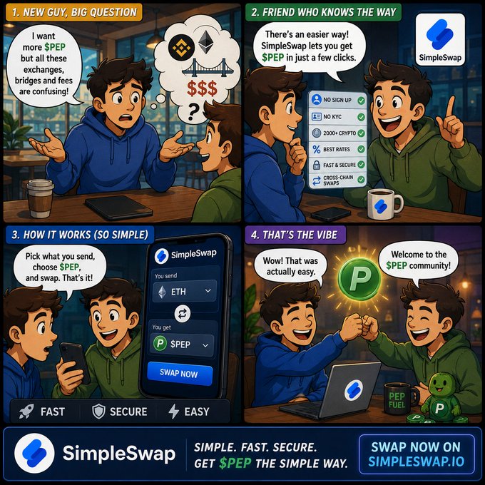 A four-panel cartoon comic advertising SimpleSwap.io as an easy way to exchange $PEP tokens, highlighting its fast, secure, and simple service.
