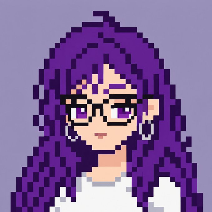 A pixel art portrait depicts a character with long purple hair, black glasses, silver earrings, and a white shirt against a lavender background.