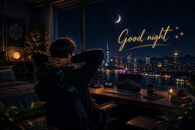 Person sitting at a desk with laptop looking out a window at a nighttime city skyline with crescent moon and 'Good night' text in glowing script.