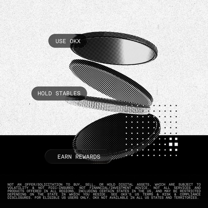A stylized black and white promotional graphic featuring abstract halftone shapes alongside the OKX brand, with labels "USE OKX," "HOLD STABLES," and "EARN REWARDS," promoting OKX's yield/earn product in support of the EARNFEST VIP Lounge contest offering a $100 USDG prize for sharing earn screenshots.