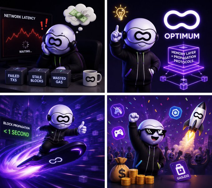 A four-panel cartoon featuring a white round character with a mask/mustache design wearing a black hoodie, depicting themes related to blockchain: network latency issues, OPTIMUM memory layer protocols, block propagation under 1 second, and a celebratory scene with a rocket launch and 'GASLESS' tag.