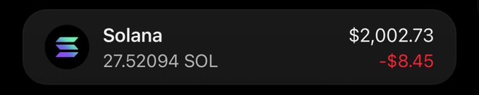 A screenshot of a crypto wallet showing a Solana (SOL) balance of 27.52094 SOL valued at $2,002.73, with a -$8.45 loss displayed in red. The image illustrates the requested $SOL holdings for entry into the giveaway.