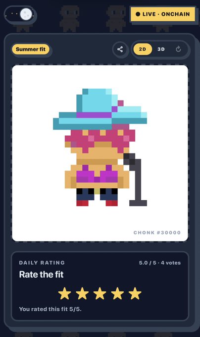 A pixel art NFT character wearing a blue sun hat, pink ruffled top, and pink bikini, labeled "CHONK #30000" in a "Summer fit" rating interface giving it 5.0/5 stars.