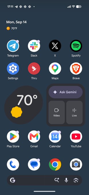 A smartphone home screen displays various app icons, with the red "Thru" wallet icon prominently featured among apps like Telegram, Slack, X, Spotify, Gmail, and YouTube. The Thru app icon visually represents the wallet being promoted in the accompanying post about upcoming Thru blockchain features.