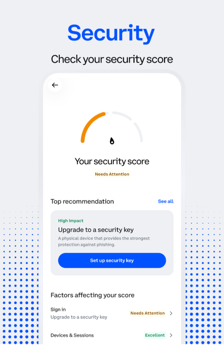 A “Security” screen shows the prompt “Check your security score” and a gauge labeled “Your security score — Needs Attention.” It recommends “Upgrade to a security key” with a “Set up security key” button and lists factors including “Sign in” and “Devices & Sessions,” providing users a place to start reviewing their security settings.