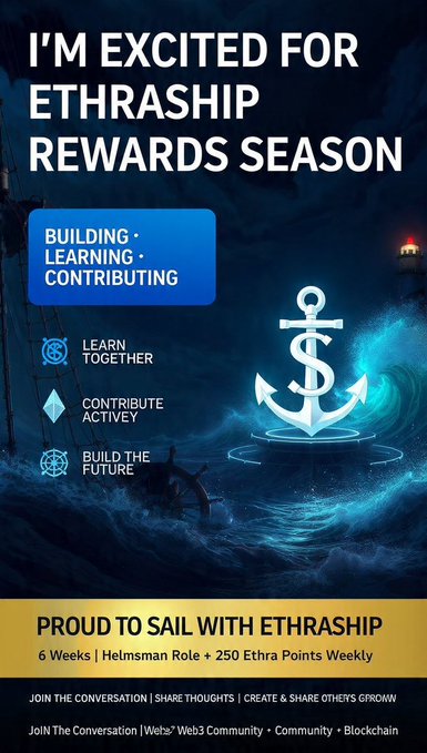 Promotional graphic for Ethraship Rewards Season highlighting Building, Learning, and Contributing, with a 6-week Helmsman Role offering 250 Ethra Points weekly.