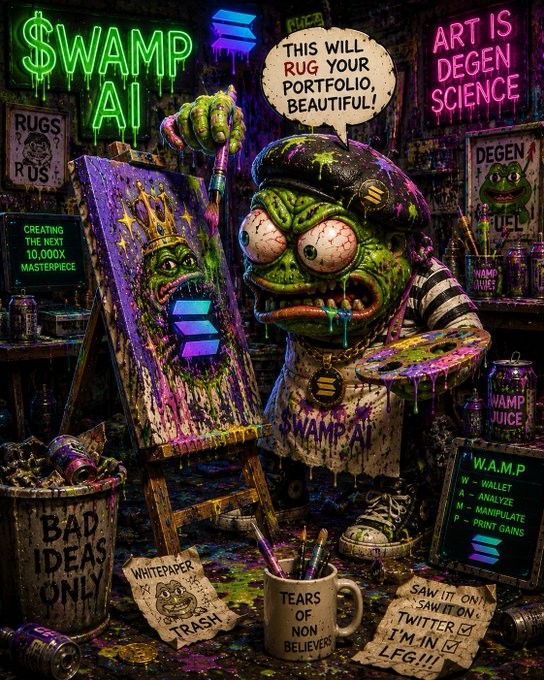 The image features an artist painting a mural of a green monster with a paintbrush, surrounded by various art supplies such as paint cans and brushes. The artist's face is painted white, making them stand out against the colorful background. The text on the image includes phrases like "Art is Degen", "Portfolio Science", and "This will be beautiful!".