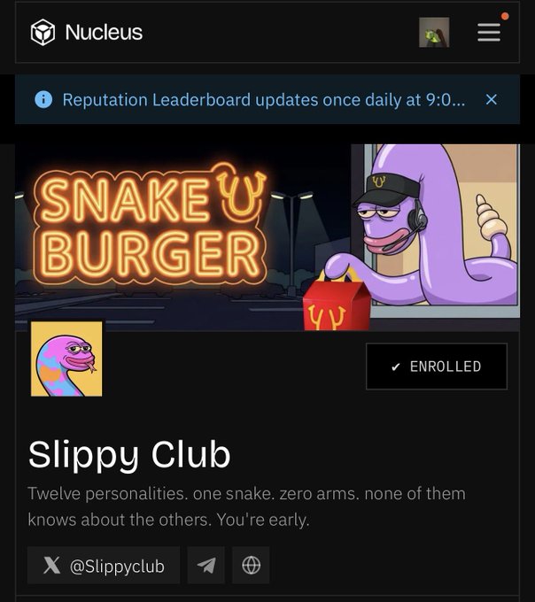Nucleus platform screenshot showing an enrolled community called 'Slippy Club' with a snake mascot at a drive-thru window, @Slippyclub, describing 'Twelve personalities. one snake. zero arms.'