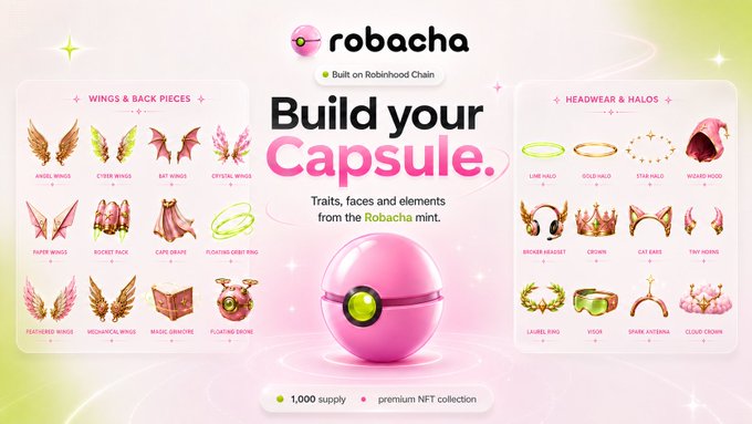 The image is a promotional graphic for "Robacha," built on Robinhood Chain, advertising a 1,000 supply premium NFT collection called "Build your Capsule." It showcases various Robacha mint traits, including Wings & Back Pieces (such as Angel Wings, Cyber Wings, Bat Wings) and Headwear & Halos (like Lime Halo, Gold Halo, Beige Hood), all surrounding a pink capsule icon—visually reinforcing the "Higher" post through its celestial, upward-themed aesthetic.